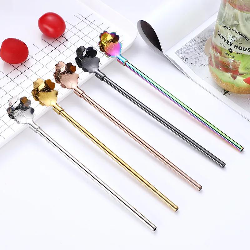 Cherry Blossom Straw Spoon Set with Cleaning Brush Stirring Spoon 304 Stainless Steel Summer Drink Cocktail Party BarAccessories
