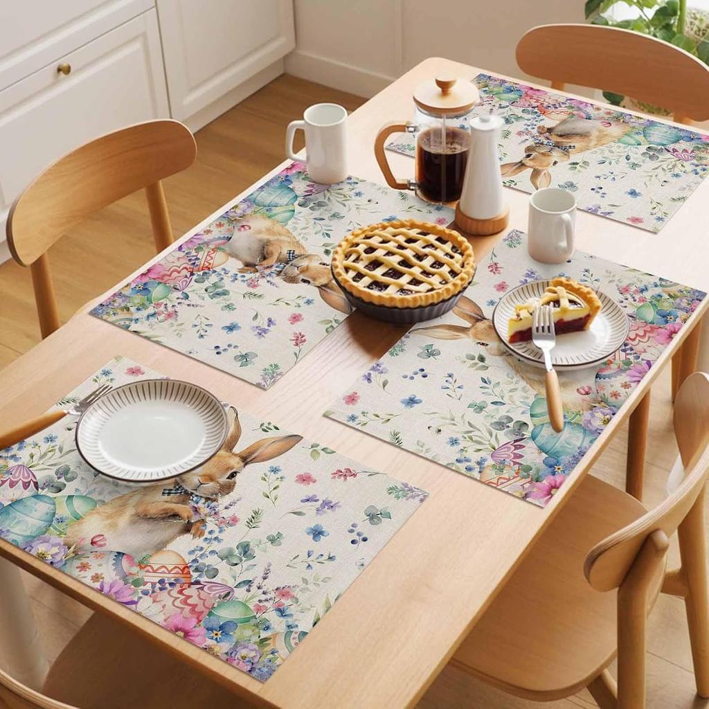 Easter Bunny Egg Floral Placemats Holiday Party Decor Spring Flowers Leaf Plants Dining Table Mats Place Mats Easter Decorations