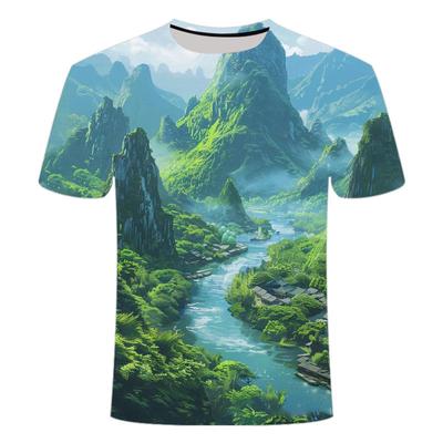 Série de Pinturas de Paisagem Verde de Verão Camiseta de Manga Curta Estampada em 3D Personalizada Moderna de Gola Redonda Masculina e Feminina