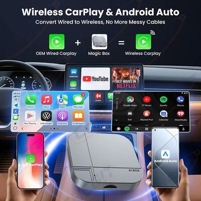 2026 Android 14 Car AI Box Wired To Wireless Carplay Android Auto Adapter 5.8GWiFi For YouTube Netflix Car Intelligent Systems