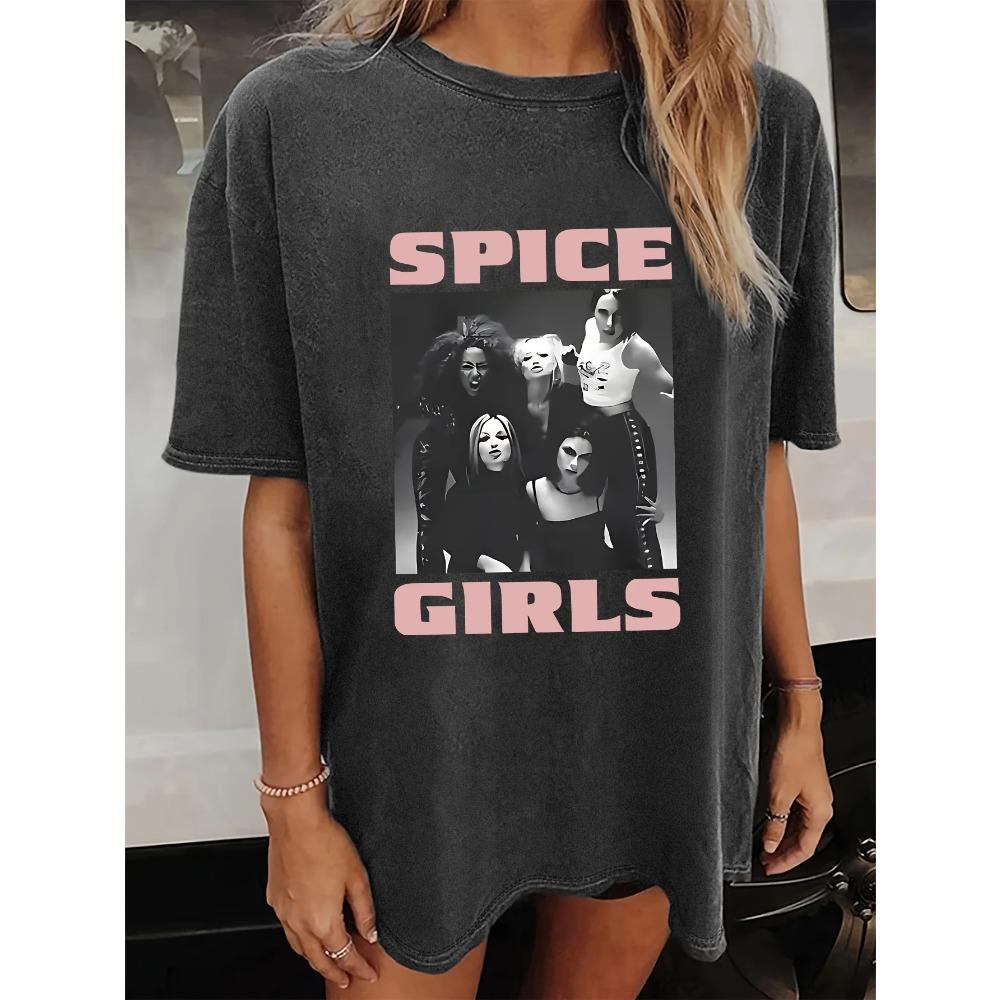 T-shirt Grafica da Donna Spice S Grigio Scuro Vintage Maglietta da Band Scritta Rosa Leggera Traspirante per Concerti Outfit Anni '90