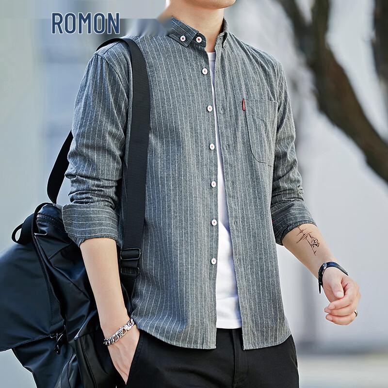 ROMON Men s Striped Long-Sleeve Casual Shirt M