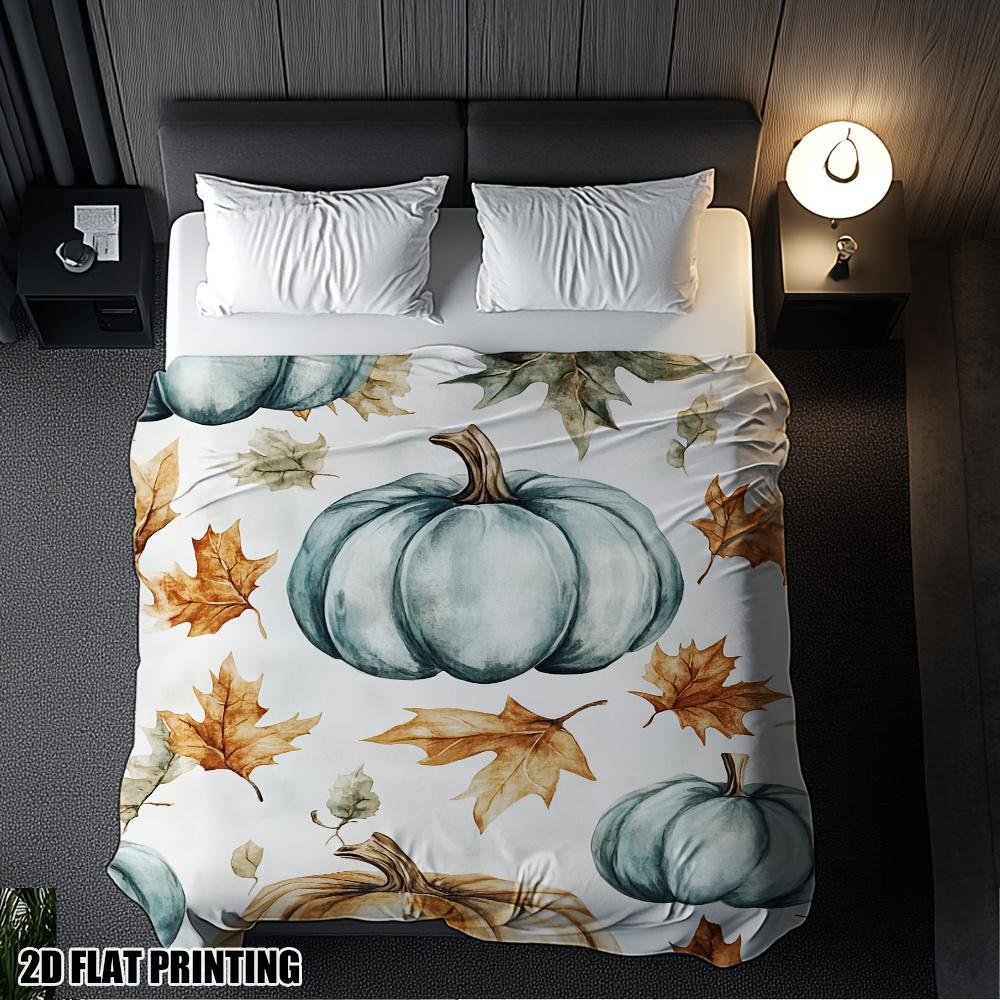 1pc Ultra-Soft Flannel Blanket Shawl - Pumpkin & Fall Leaves Print in Blue, Orange, Brown, Beige & White | All-Season Cozy Throw