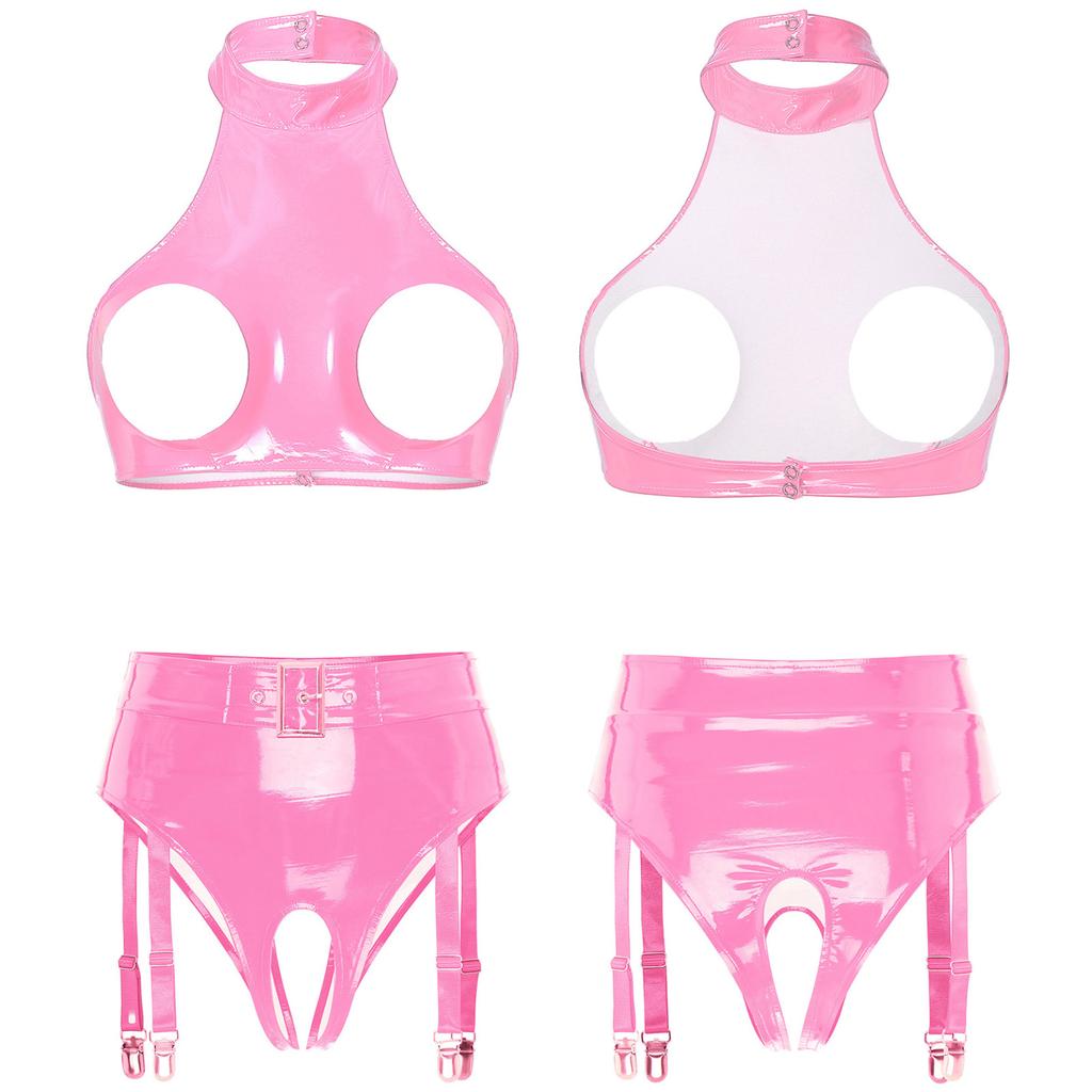 Lenjerie de damă, din piele lacuită, cu cupe deschise, crop top cu jartieră, cu picioare deschise, set de lenjerie de corp pentru îmbrăcăminte de club pentru nopți de întâlnire