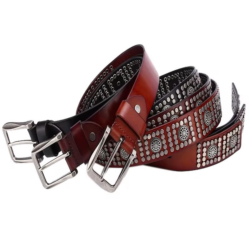 3.8CM Rivet Punk Men Pin Buckle Belt High Quality Genuine Leather Personality Belt Luxury Gift for Men Hip Hop Male Strap
