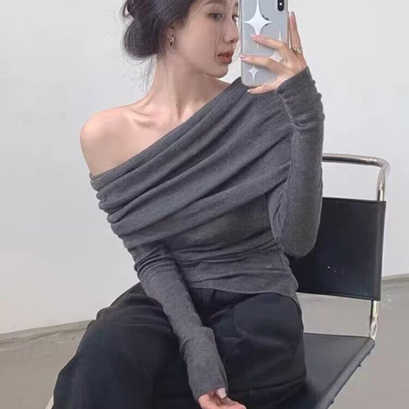 

Осенний новый сексуальный свитер на одно плечо для женщин, лацкан с открытыми плечами, длинный вязаный свитер с рукавами, женский элегантный повседневный зимний трикотаж 24861 One Size светло-серый