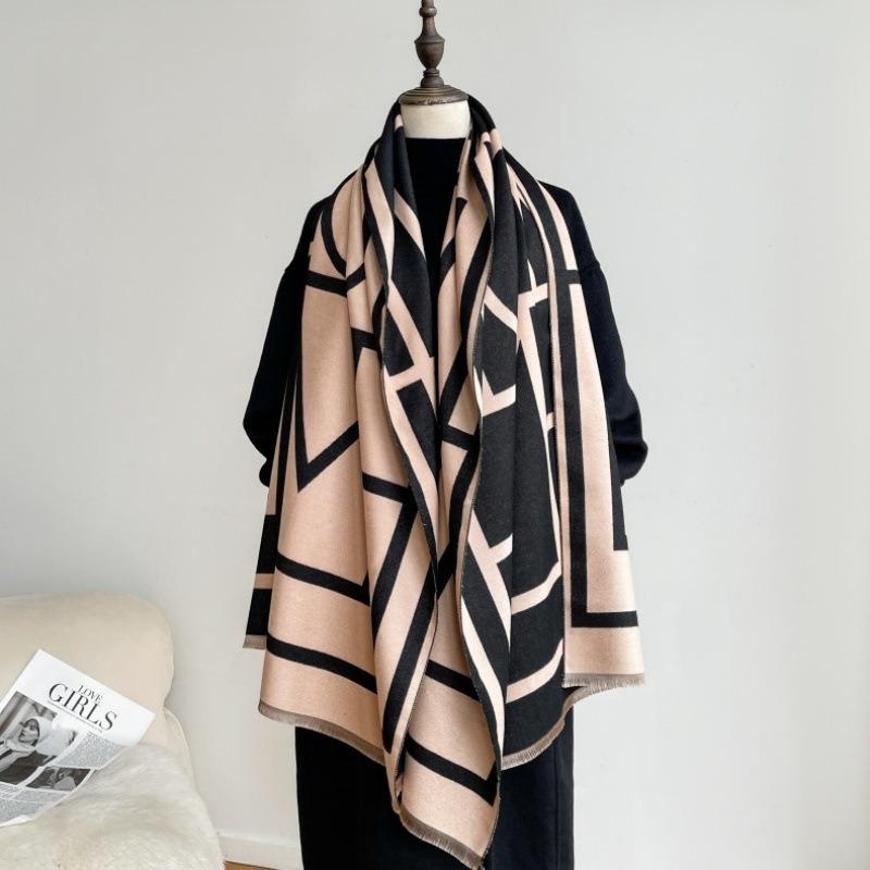 Autumn and winter new geometric imitation cashmere scarf women's warm scarf versatile shawl thickened rice whisker scarf
