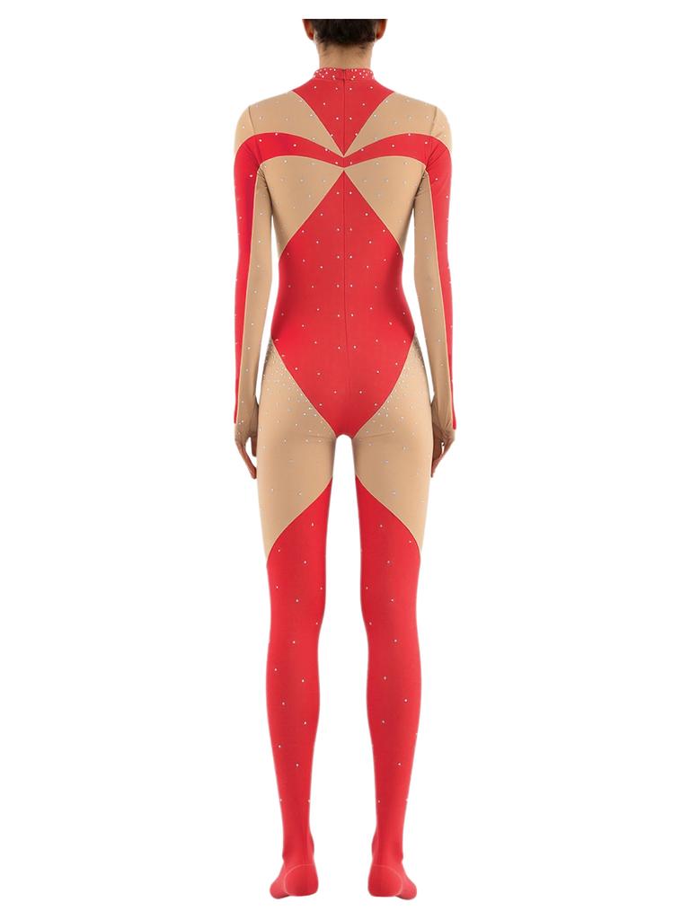 Unitard Lucios cu Strass-uri pentru Gimnastică Feminină, cu Mâneci Lungi și Mănuși, cu Picior, Culoare Contrastantă, Body pentru Patinaj Artistic