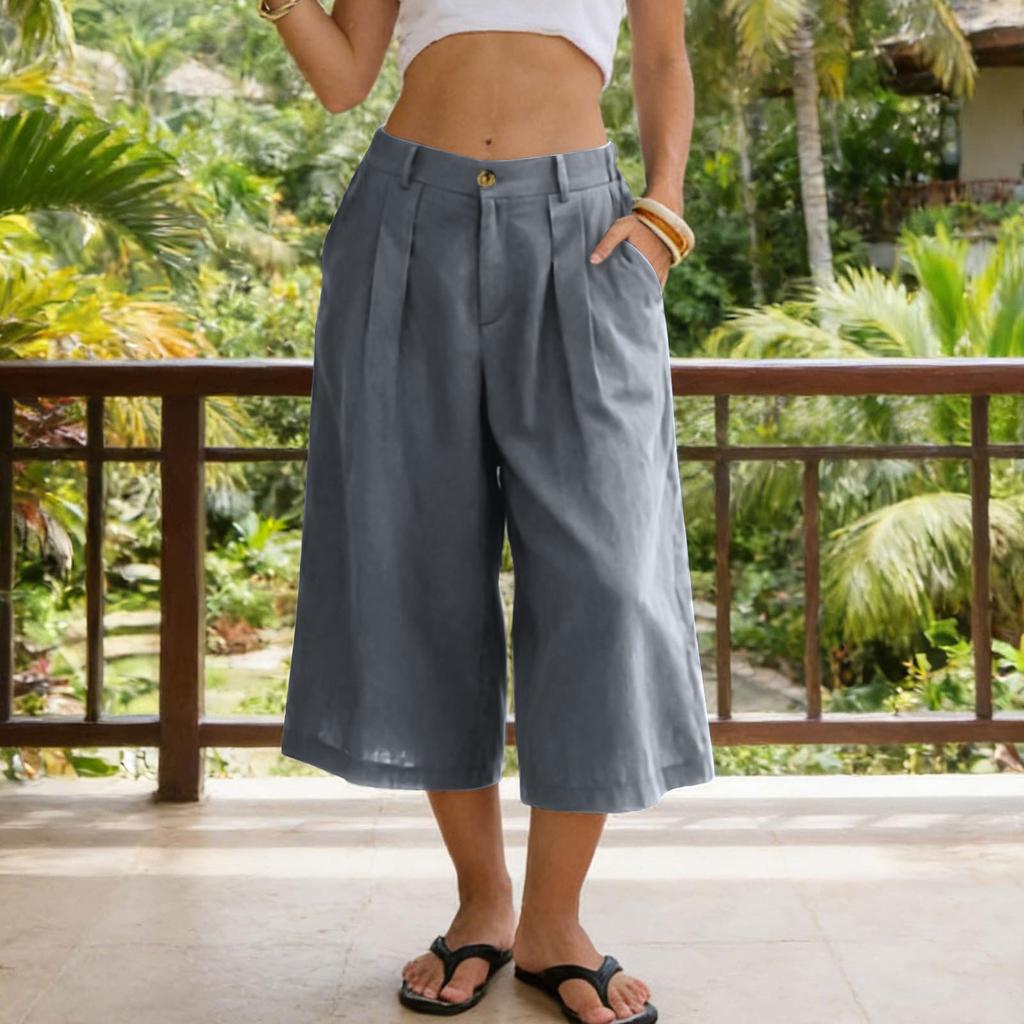 Women’s Casual Loose Fit Cropped Pants with Pockets Relaxed Mid Waist Wide Leg Seven Quarter Length Trousers for Everyday Wear