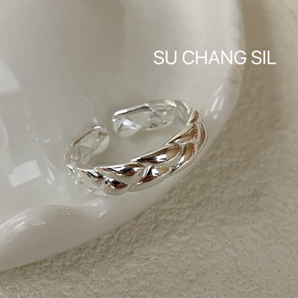 Su Chuang S925 Sterling Silver Twist Rope Ring - Personalized INS Fashion Open Adjustable Index Finger Ring for Women