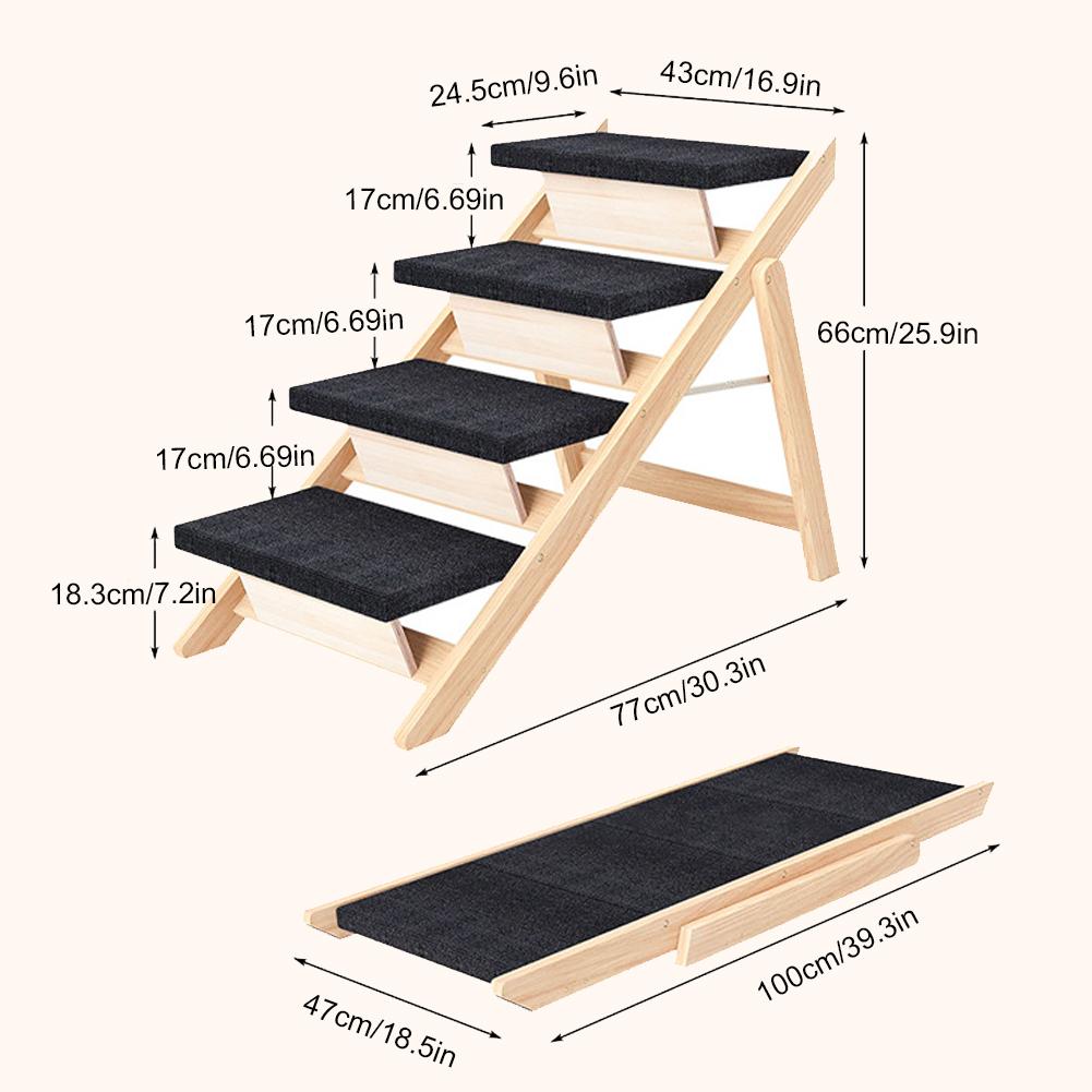 Foldable Wooden Pet Ramp Stair Non-slip Carpeted 2In1 Climbing Ladder Portable Steps for Injured Elderly Dog Cat Indoor Outdoor
