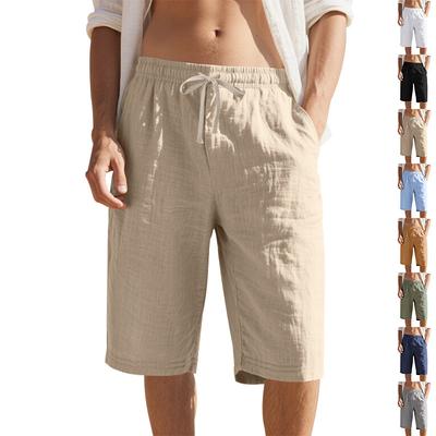 Men Linen Shorts Elastic Waist Quick Dry Shorts Men Solid Color Breathable Calf Lenght Pants Man Lightweight Daily Beach Shorts Summer Trousers