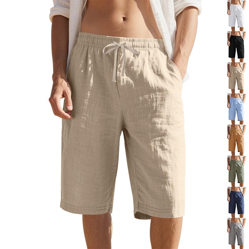 Herren Leinen Shorts Elastischer Bund Schnelltrocknende Shorts Herren Einfarbige Atmungsaktive Wadenlange Hose Mann Leichte Tägliche Strandshorts Sommerhosen