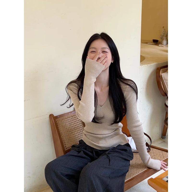 

Spring collar slimming pit strip with knitted sweater women s high-end versatile base top L