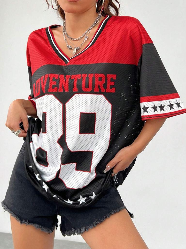 Maglia da Calcio da Donna con Scollo a V a Maniche Corte, Vestibilità Larga, in Rete, Stampa di Numeri e Lettere, T-shirt Oversize, Streetwear Y2K, Top Sportivo Casual Estivo