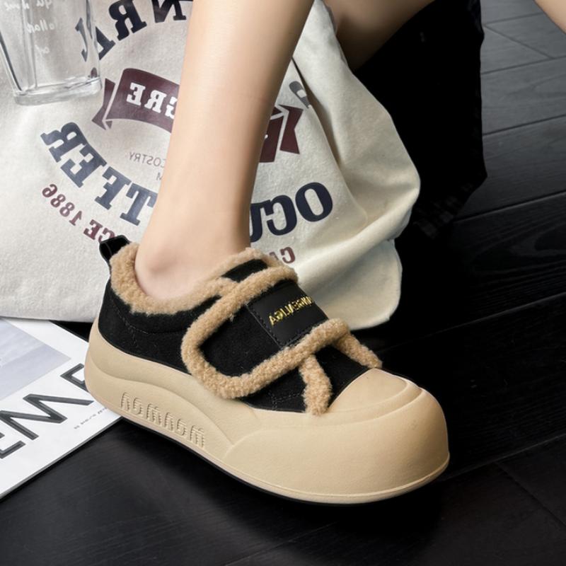 Genuine Leather and Velvet Loafers for Women Winter Velcro Retro Sneakers Thick-soled White Shoes All-match Shoes