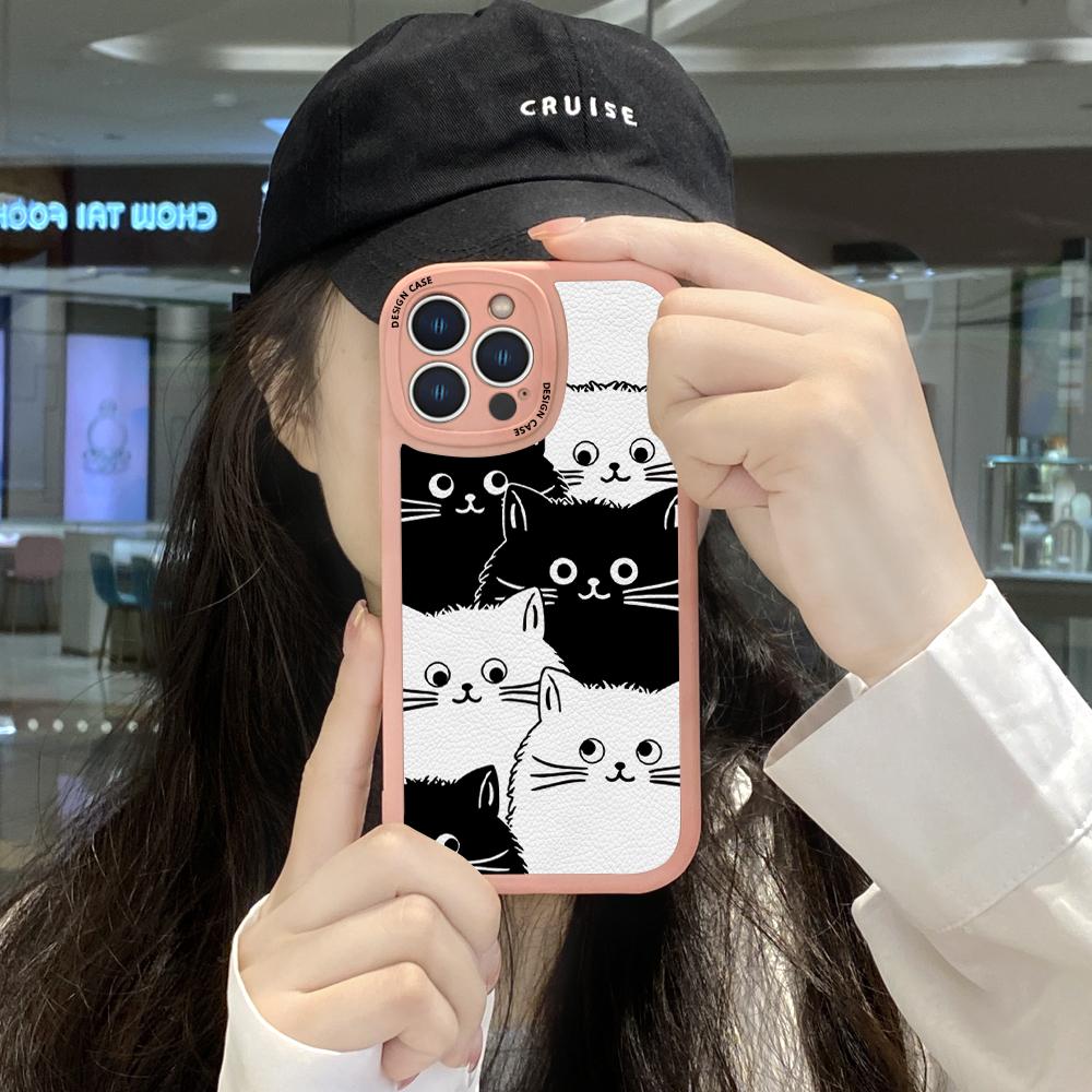 Slim Skin Feeling Cartoon Black White Cats Απαλή σιλικόνη PU Δερμάτινο κάλυμμα Θήκη τηλεφώνου για iPhone Samsung Huawei Honor Xiaomi Redmi OPPO Realme Vivo