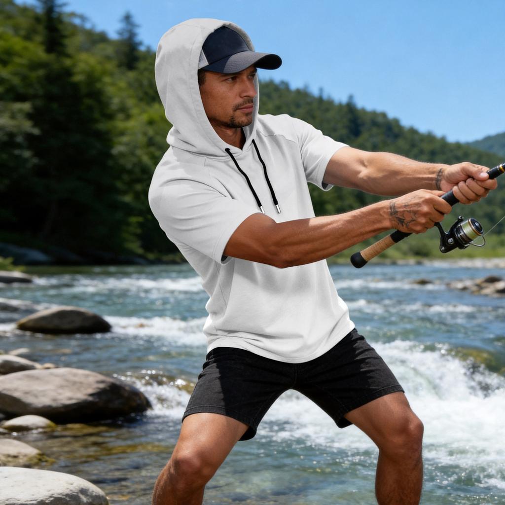 Men's Short Sleeve Hoodie UPF50+ Sun Protection Casual Sports Fishing Outdoor Lightweight Breathable Quick Dry Sweatshirt