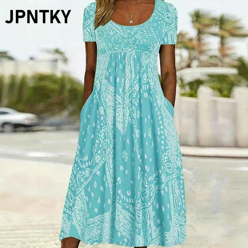 JPNTKY Women's Fashion Summer Spring Short Sleeve U-Neck Casual Dresses