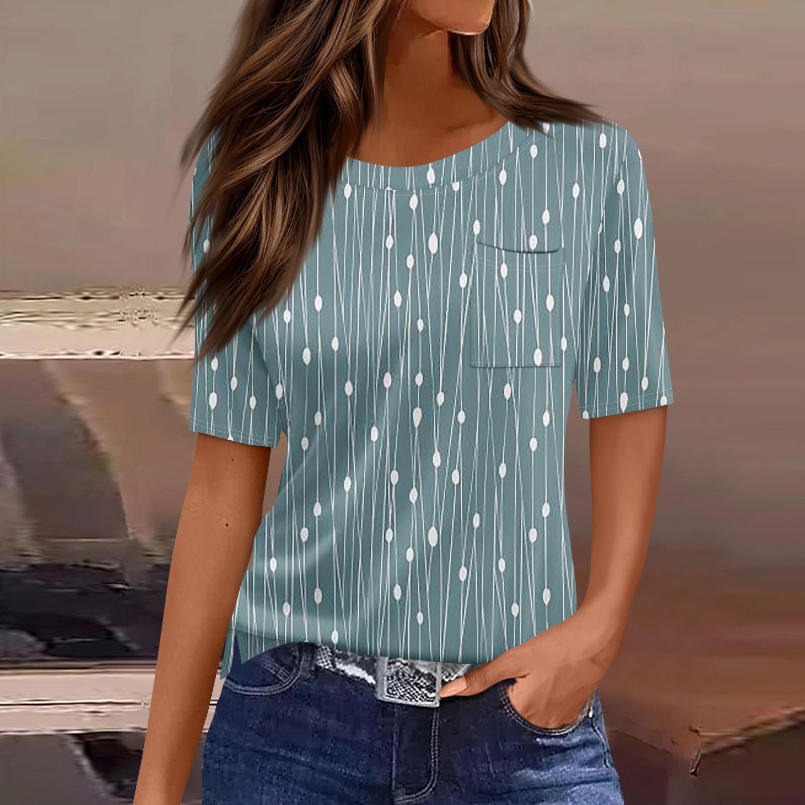 

Футболки для женщин, плиссированные, с круглым вырезом, нарядные, повседневные, блузки с принтом, с коротким рукавом, летние топы, свободный крой S синий