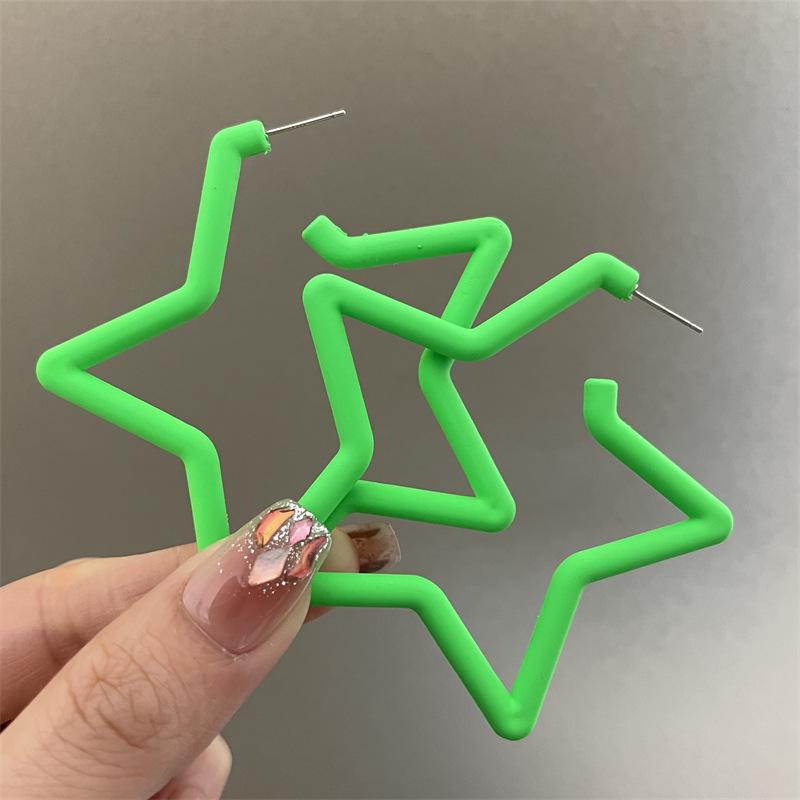 Colorful Earrings with Fluorescent Effect, Featuring Exaggerated Personality, Five-pointed Star-shaped Ear Holes, Ear Clips and Dangling Fringes.
