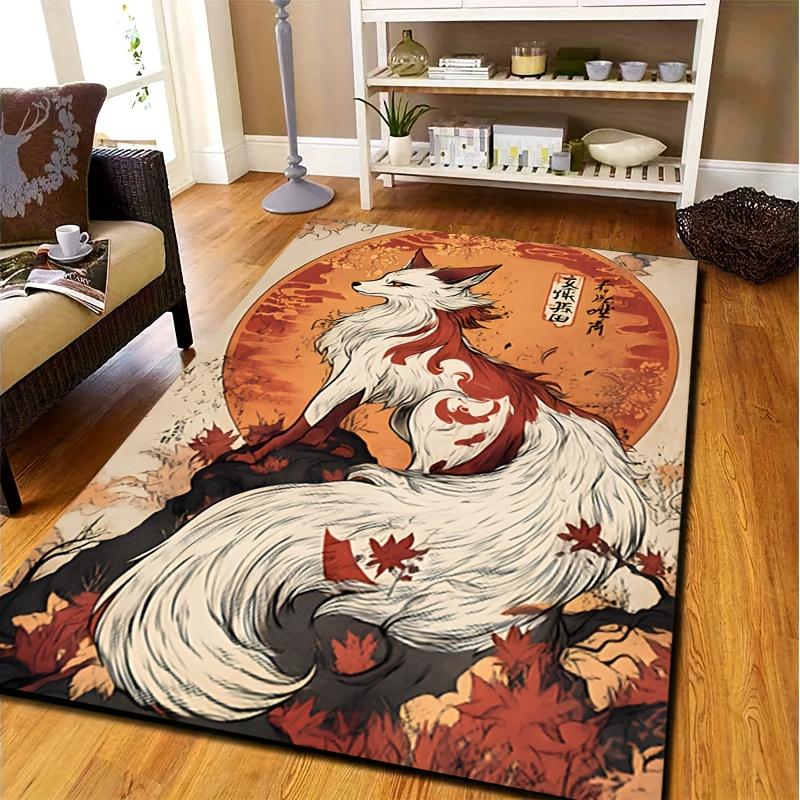 1pc Japanese Fox - Cute Fox & Kitsune Motifs, Machine-Washable Soft Rug Suitable For, Bedroom, Entryway - Non-Slip Backing, Compact, Ideal Gift