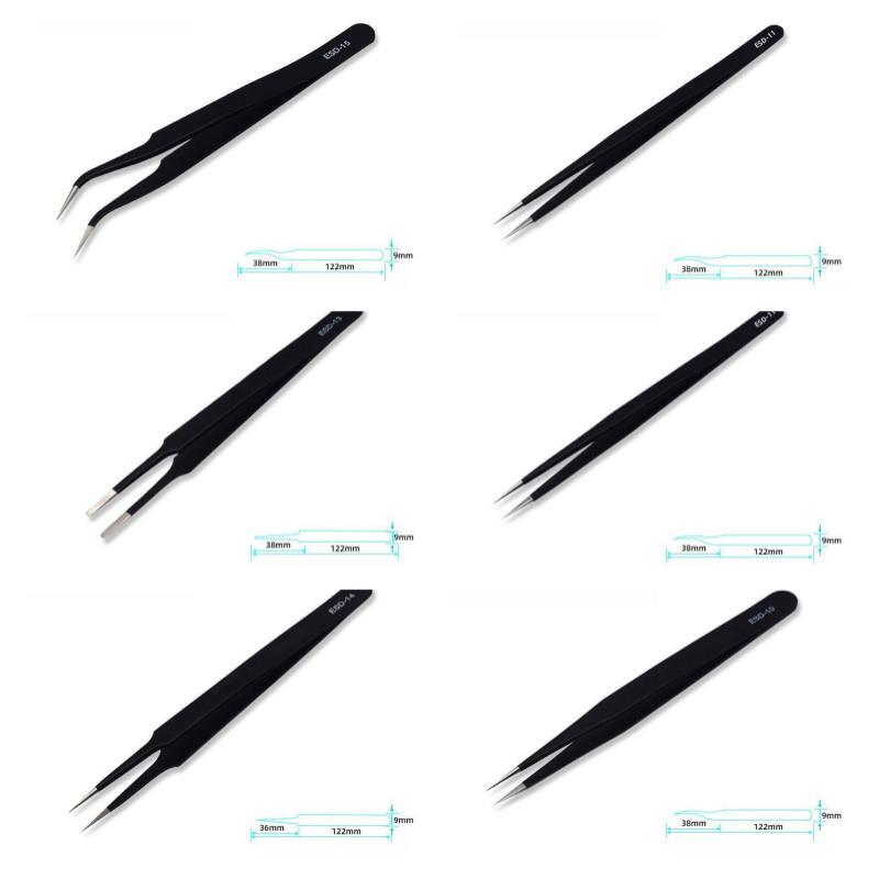 Anti Static Stainless SteelTweezers Repair Tools for Electronics Repair Soldering Craft Black 6pcs Precision Long Tweezers Set