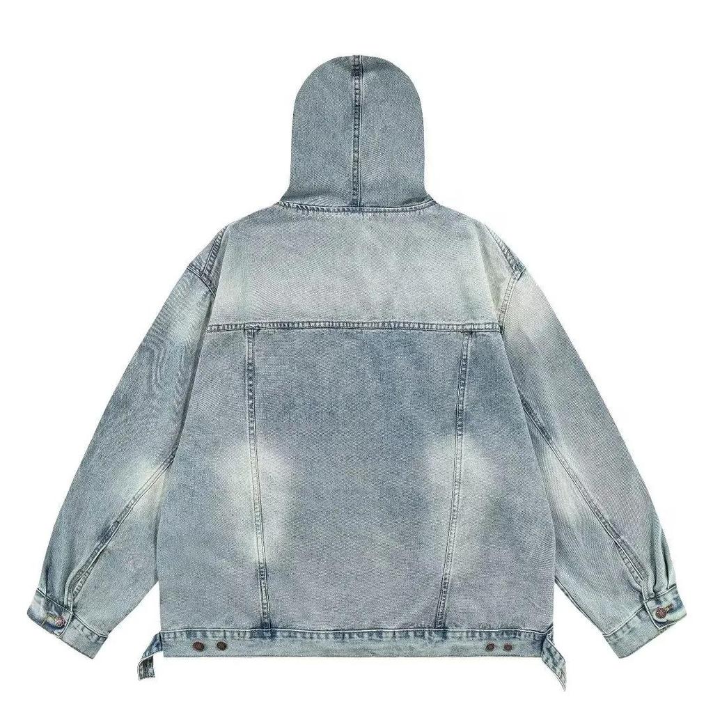 Women's Washed Vintage Hooded Denim Sweatshirt Teenager Long Sleeve Loose Pullover Top