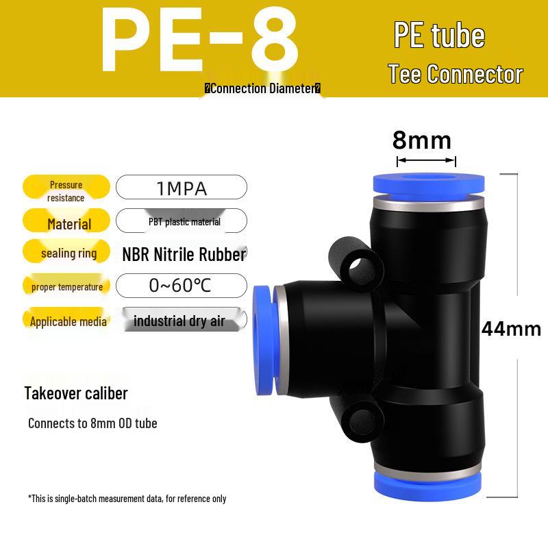 Zhuo Ji Pneumatic Quick Connector Tee: 4/6/8/10/12mm Air Hose PE Straight T-Type Fitting