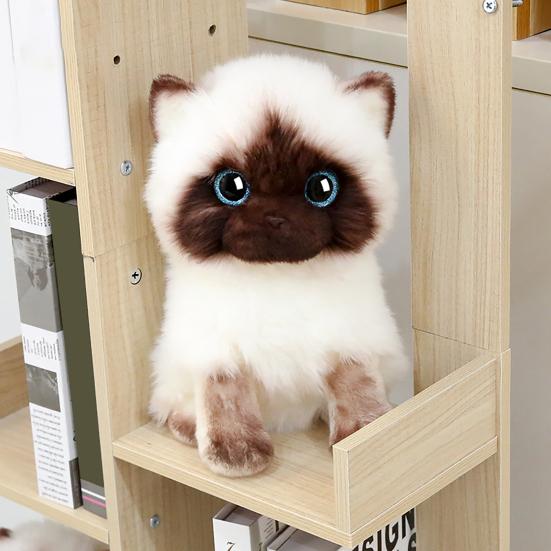 Cute Siamese Cat Plush Toy Soft Stuffed Animal Blue Sequins Eyes Brown White Face Decor Christmas Birthday New Year Present