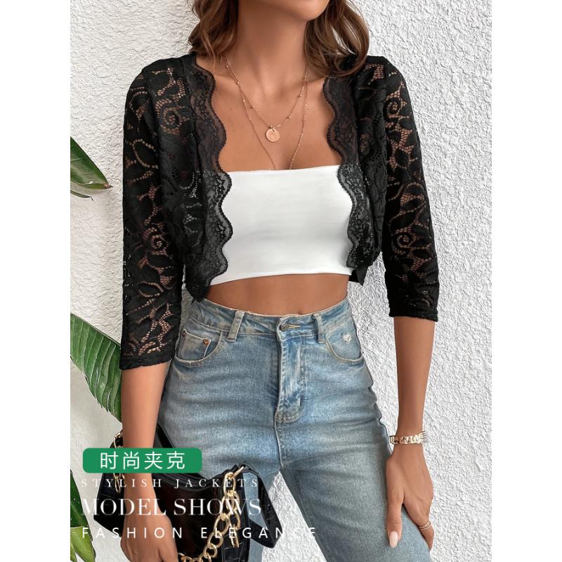 2025 Autumn New Cardigan Placket Spliced Fashionable Lace Short Jacket Top