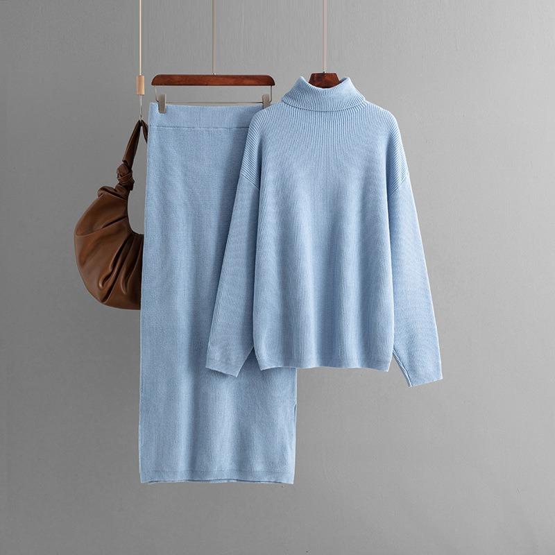 Pullover sweater two-piece set women's autumn and winter new solid color split knitted skirt set