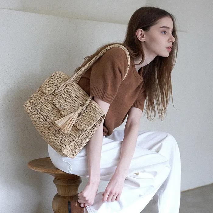 Lily Handmade Crochet Raffia Er Shoulder Bag (+gift tassel keyring) _ Natural Beige
