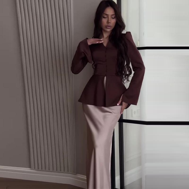 Elegant Satin Feel Tie Waist Long Dress Set for Women - Autumn 2024 Collection