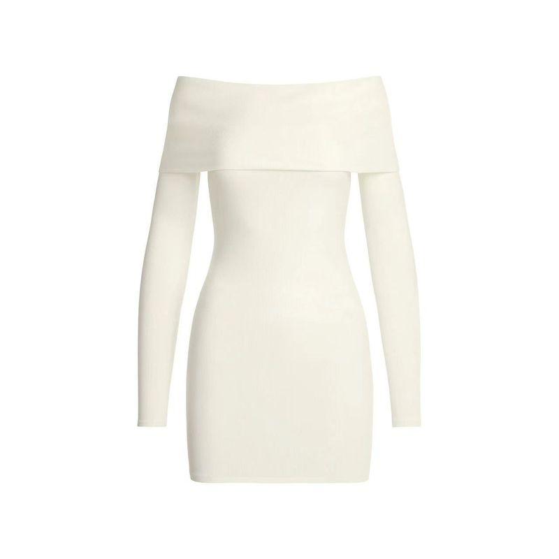 

2025 New Arrival Skims off-Shoulder Shoulder-Baring Dress Short Skirt Silm Slim Looking Sexy Temperament Long Sleeve Spring and Autumn White S