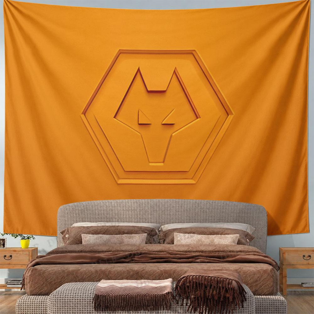 An embossed wolf head within a hexagon on an orange background. Patterned tapestry for bedroom and living room home decor