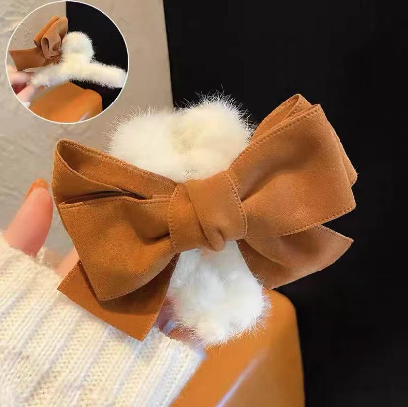 Autumn/Winter Large Pearl Tassel Bow Hair Clip with Plush Shark Design