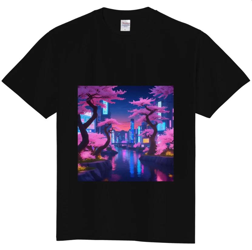 Japanese Sakura Neon City T-Shirt Cyberpunk Night View Graphic Tee Streetwear S