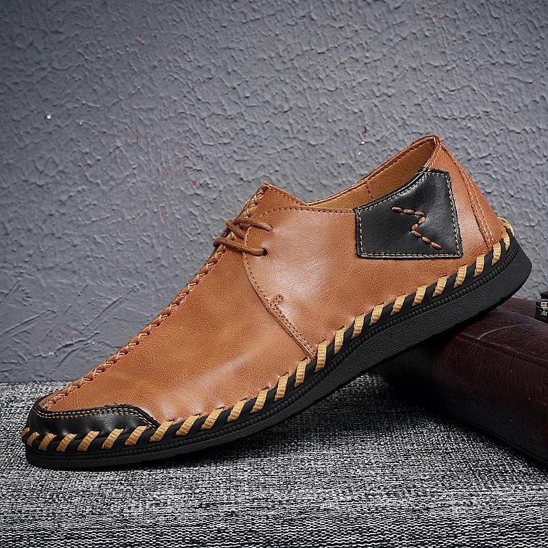Fashion Simple Quality Leather Men Business Office Shoes Lace Up Flat Bottomed Soft Comfortable Shoe Hand Sewn Casual Shoes  Sizes 38-47