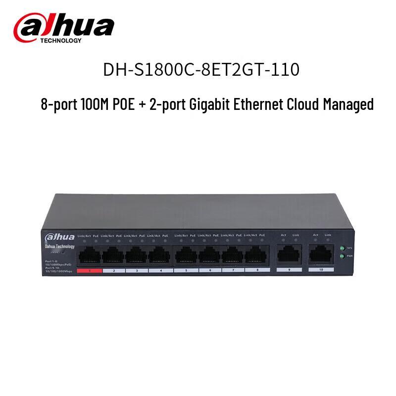 Dahua 8-Port Fast Ethernet PoE Switch with 2 Gigabit Uplink CN Plug (adapter Included)