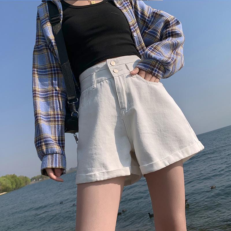 Women's High-Waist A-Line Denim Shorts - Summer Thin Style, Double Button, Loose Fit, Rolled Hem, Versatile & Slimming.