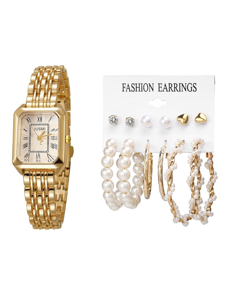 Arabic Mixed Index Bamboo Steel Ladies Quartz Watch & Earring Set (13pcs)
