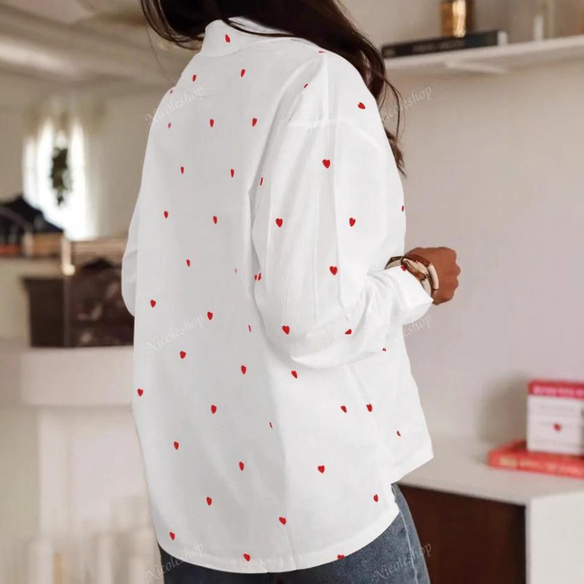 Women Long Sleeve Turn Down Collar Shirt Heart Print Loose Casual Blouse Elegant Office Daily Shirt European American Fashion Tops Factory Source