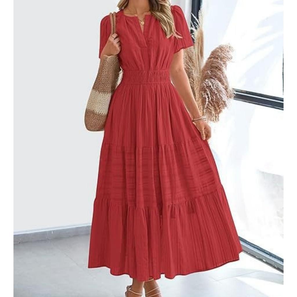 Women V-Neck Maxi Dress with Ruched Puff Sleeves for Casual Summer Wear