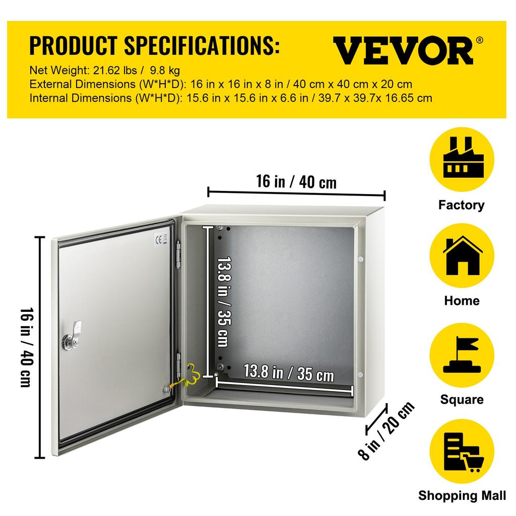 VEVOR NEMA Steel Enclosure, 40x40x20 cm NEMA 4X Steel Electrical Box, IP66 Waterproof & Dustproof, Outdoor/Indoor Electrical Junction Box