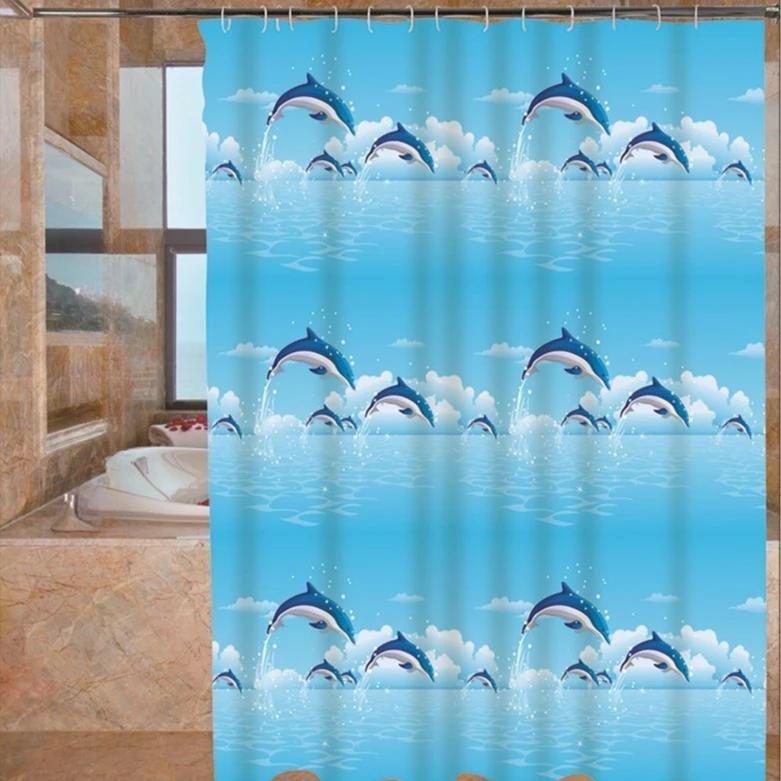 Shower Curtains Cartoon Dolphin Print Waterproof Bathroom Curtain Quick Dry Blue Children Curtain for Toilet with Hooks 111cm