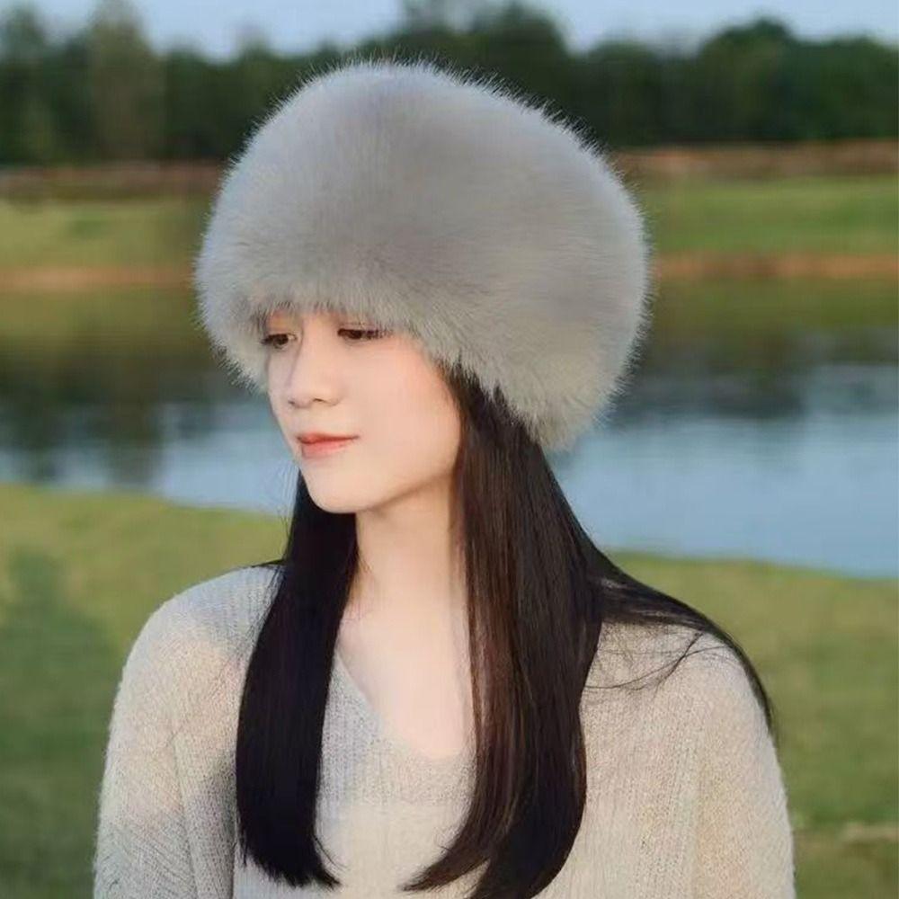 Smooth Plush Mongolian Fluffy Hat Round Top Warm Bucket Hat Plush Winter Hat  Ladies Headwear