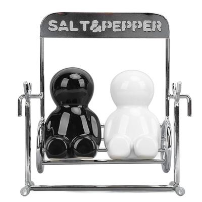 2Pcs Kitchen Spice Jars Ceramic Cute Swing Figure Spice Shaker Set Salt and Pepper Dispensers Black White