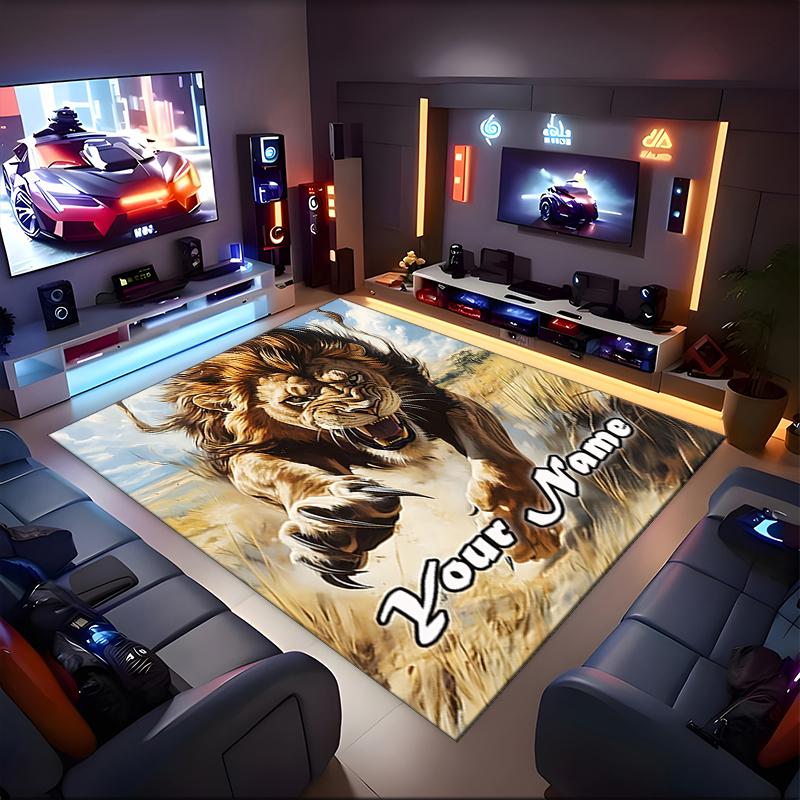 1PC Custom Name Lion's Roar Courageously Theme Floor Mat Ideal for Living Room, Game Rooms, Office, Bedroom,Floor Mat Playful Design