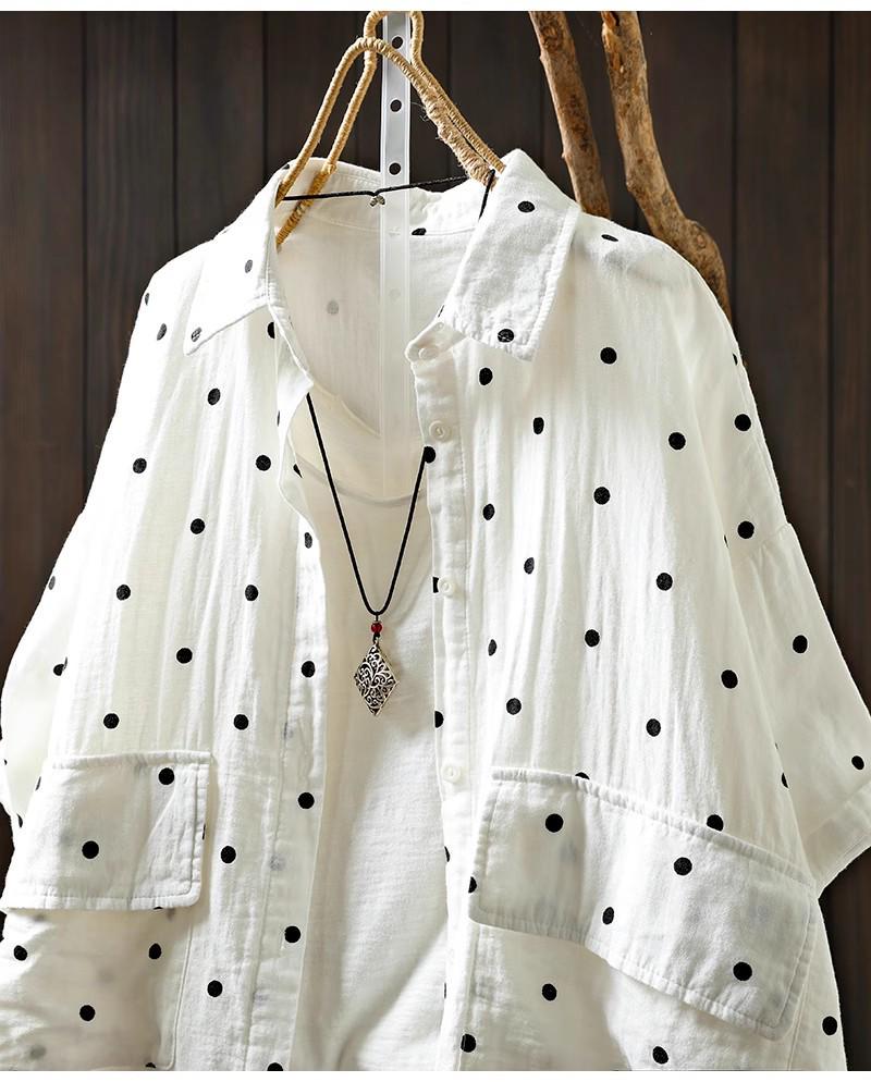 2025 Women's Cotton Linen Polka Dot Shirt - Short Sleeve, Loose Fit, Plus Size, Artistic Casual Summer Jacket